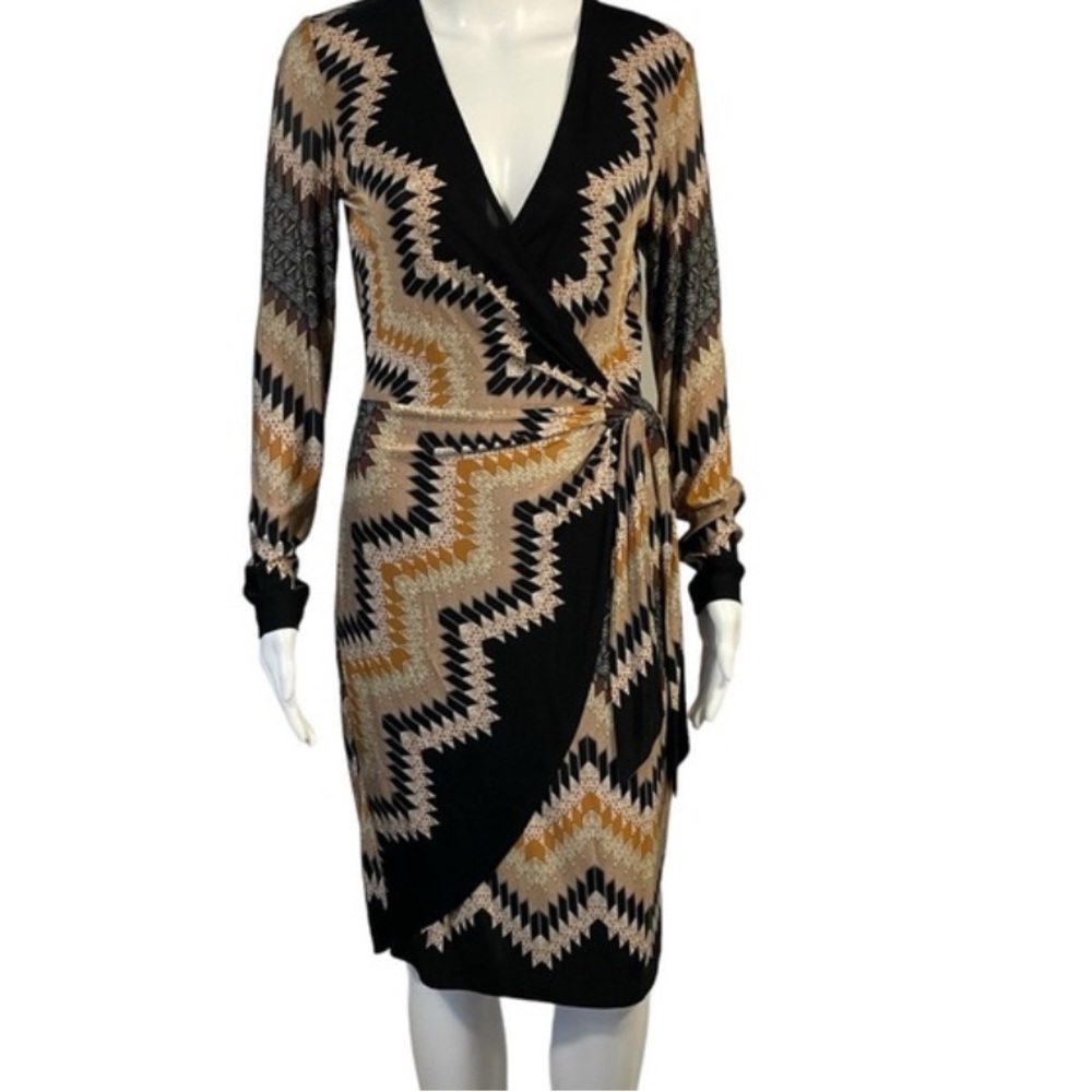 Cache Black Brown Zig Zag Faux Wrap Stretch Dress
